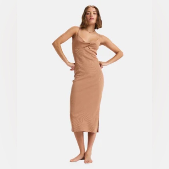 Roxy Wavey Lady Ribbed Bodycon Stretchy Midi Keyhole Dress, Medium - Picture 1 of 4